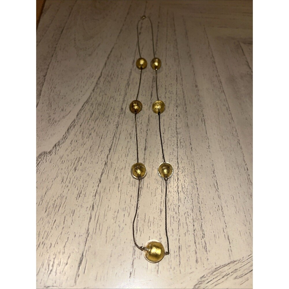 Murano Gold Glass Ball Bead 28" Necklace Vintage ~ Metal Hardware